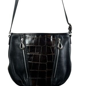 Brighton, Black and Brown Croc Embossed leather bag with front zippers, preowned